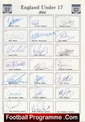 England Team Sheet Multi Signed Under 17 team 2004