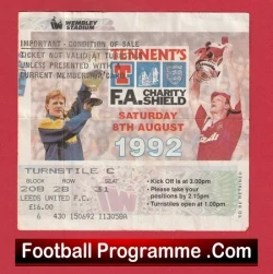 Leeds United v Liverpool 1992 - Eric Cantona Charity Shield Match Ticket - football memorabilia