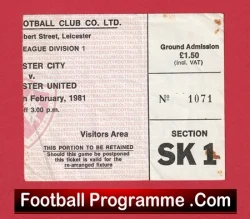 Leicester City v Manchester United 1981 - Football Ticket - football memorabilia