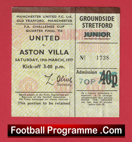 Manchester United v Aston Villa 1977 - Football Ticket - Image 2