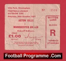 Manchester United v Aston Villa 1977 - Football Ticket - football memorabilia