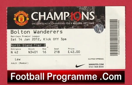 Manchester United v Bolton Wanderers 2012 - Match Ticket - Image 2