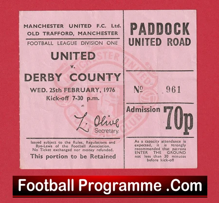 Manchester United v Derby County 1976 - Match Ticket - Image 2