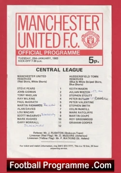 Manchester United v Huddersfield Town 1983 - Reserves Mark Hughes - football programme