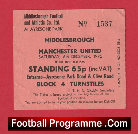 Middlesbrough v Manchester United 1975 - Football Ticket - Image 2