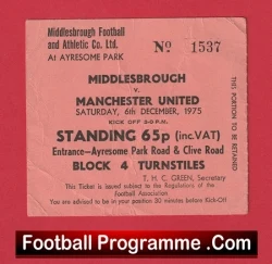 Middlesbrough v Manchester United 1975 - Football Ticket - football memorabilia
