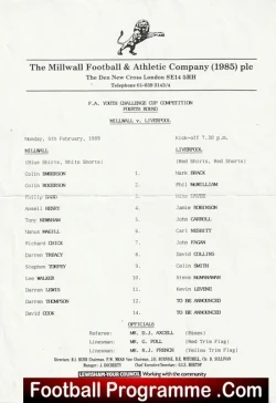 Millwall v Liverpool 1989 - FA Youth Cup McManaman - football programme