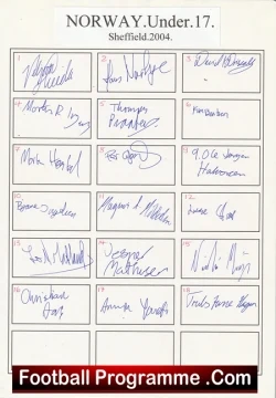 Norway Team Sheet Multi Signed Under 17 team 2004 - football memorabilia