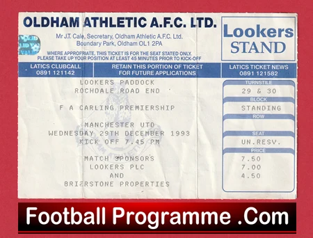 Oldham Athletic v Manchester United 1993 - Ticket - Image 2