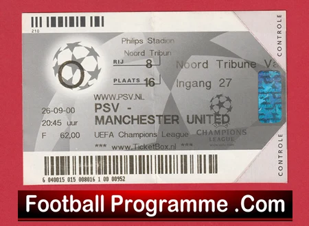 PSV Eindhoven v Manchester United 2000 - Netherlands Holland Ticket - Image 2
