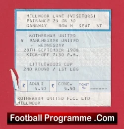 Rotherham United v Manchester United 1988 - Football Ticket - football memorabilia