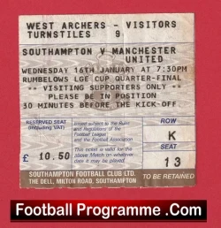 Southampton v Manchester United 1991 - Ticket Quarter Final - football memorabilia