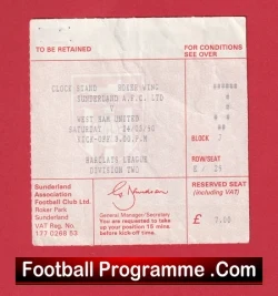 Sunderland v West Ham United 1990 - Football Ticket - football memorabilia