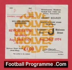 Wolves Wanderers v Newcastle United 1974 - Match Ticket - football memorabilia
