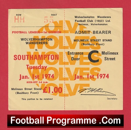 Wolves Wanderers v Southampton 1974 - Match Ticket - Image 2