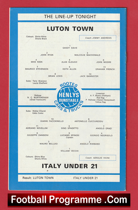 Luton Town v Italy 1969 - Italian Under 21 Italy Team - Image 3