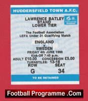 England v Sweden 1999 – Under 21 U21 Match Ticket