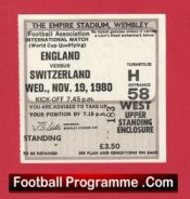 England v Switzerland 1980 – Football Match Ticket