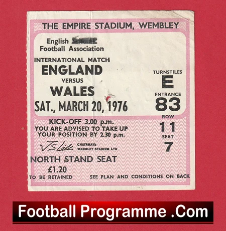 England v Wales 1976 - Football Match Ticket Schools - Image 2