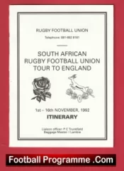 South Africa Rugby Tour Of England 1992 – Itinerary