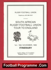 South Africa Rugby Tour Of England 1992 – Itinerary
