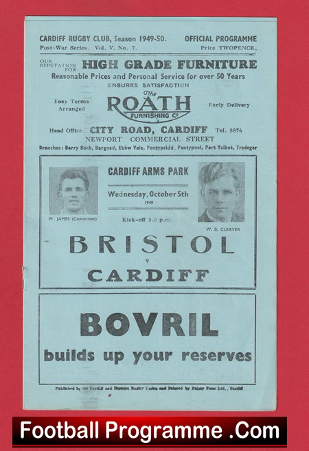 Cardiff Rugby v Bristol 1949 - 1940's Rugby Programmes - Image 2