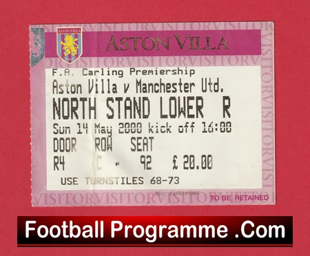 Aston Villa v Manchester United 2000 - Match Ticket - Image 2
