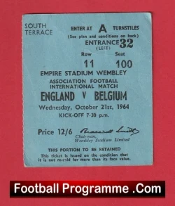 England v Belgium 1964 - Football Match Ticket - football memorabilia