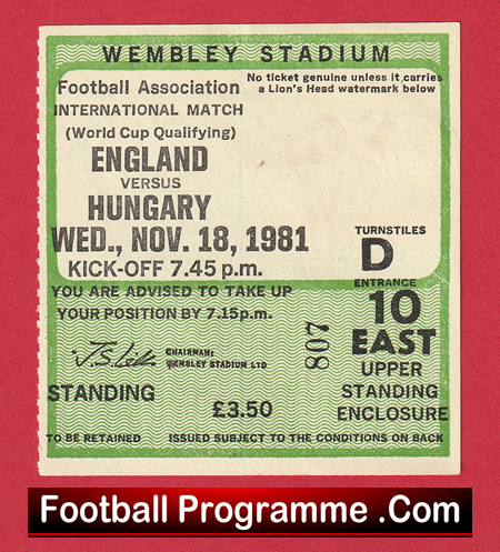 England v Hungary 1981 - Football Match Ticket - Image 2