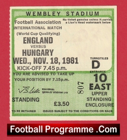 England v Hungary 1981 - Football Match Ticket - football memorabilia