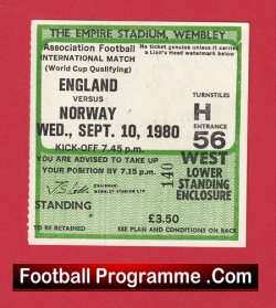 England v Norway 1980 - Football Match Ticket - football memorabilia