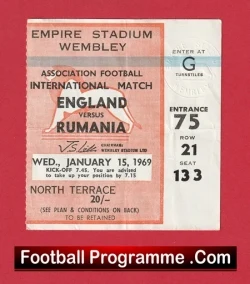 England v Rumania 1969 - Football Match Ticket - football memorabilia