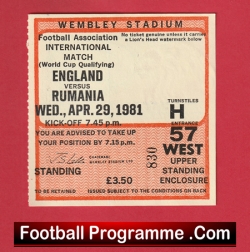 England v Rumania 1981 - Football Match Ticket - football memorabilia