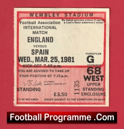 England v Spain 1981 - Football Match Ticket - football memorabilia