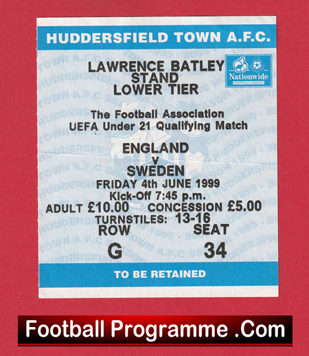 England v Sweden 1999 - Under 21 U21 Match Ticket - Image 2