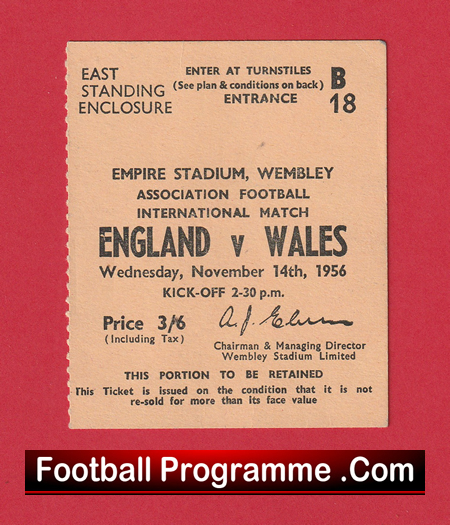 England v Wales 1956 - Football Match Ticket - Image 2