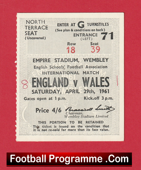 England v Wales 1961 - Match Ticket - Image 2