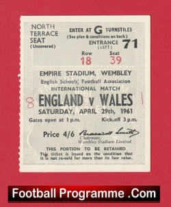 England v Wales 1961 - Match Ticket - football memorabilia