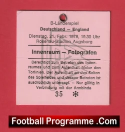 Germany v England 1978 - Football Ticket Pass - football memorabilia
