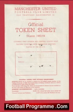 Manchester United Official Token Sheet 1963 - 1964 - football programme