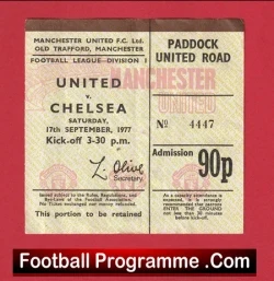 Manchester United v Chelsea 1977 - Football Match Ticket - football memorabilia