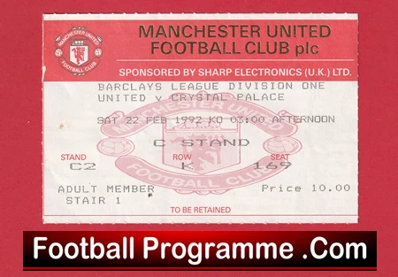 Manchester United v Crystal Palace 1992 - Football Ticket - Image 2