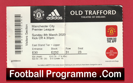 Manchester United v Manchester City 2020 - Match Ticket Man Utd - Image 2