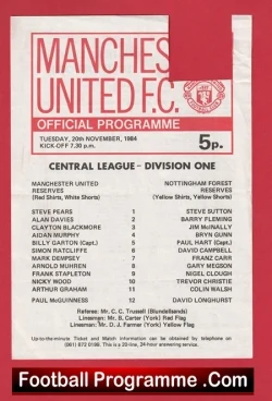 Manchester United v Nottingham Forest 1984 - Reserves Frank Stapleton - football programme