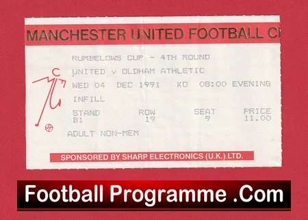 Manchester United v Oldham Athletic 1991 - League Cup Match Ticket - Image 2