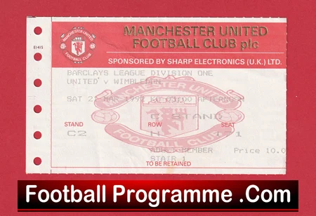 Manchester United v Wimbledon 1992 - Match Ticket - Image 2