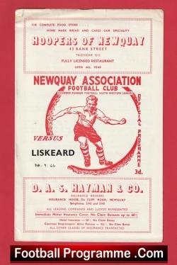 Newquay v Liskeard 1966 - South Western League - football programme