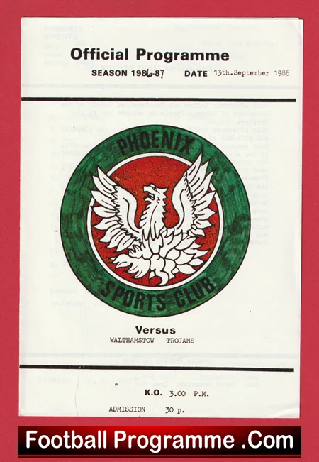 Phoenix Sports v Walthamstow Trojans 1986 - football programme