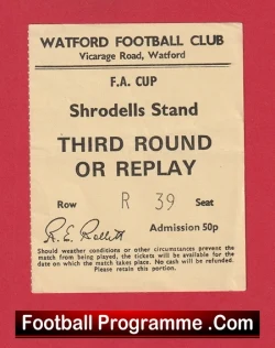 Watford v Manchester United 1969 - Match Ticket FA Cup Replay - football memorabilia