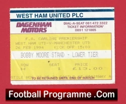 West Ham United v Manchester United 1994 - Football Ticket - football memorabilia